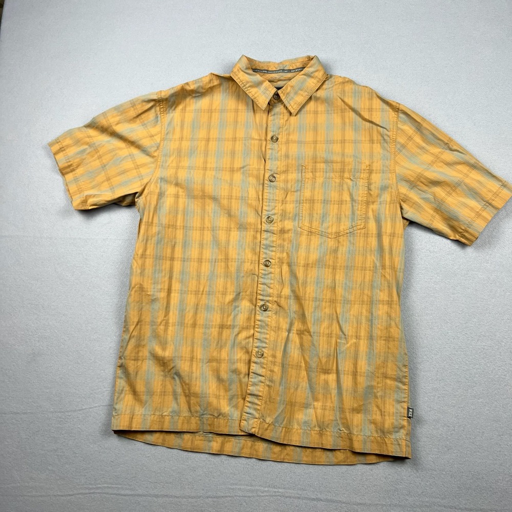 Vintage REI Mens Small Orange Plaid Short Sleeve Button Up Pocket Hiking Shirt
